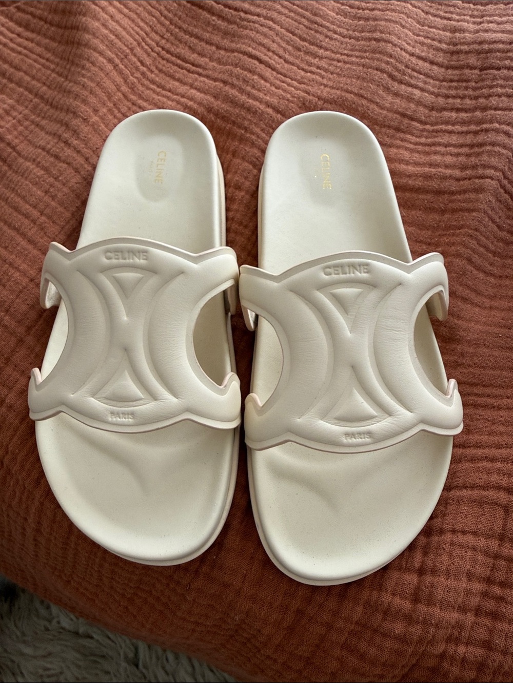 Celine White Logo Slide Sandals